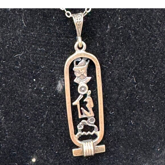 Sterling Silver Egyptian Hieroglyphic Cartouche Pendant Necklace 925 Vintage - Picture 1 of 10